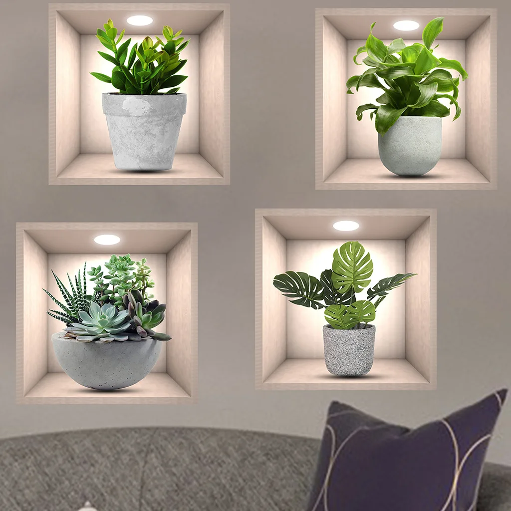 Sticker Muraux 3D Plante de Salon,Autocollant Mural Plante,Stickers Mural  3D Vase,Décoration Murale 3D Autocollant Plante