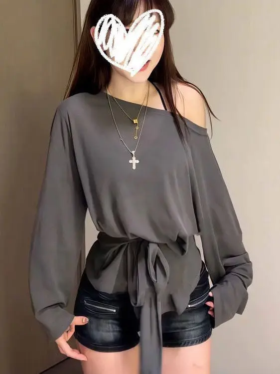 Slim Fit Long Sve T-irt Lightweight Loose Design Belted Summer Transparent Waist-Cinching Top Women's Faion