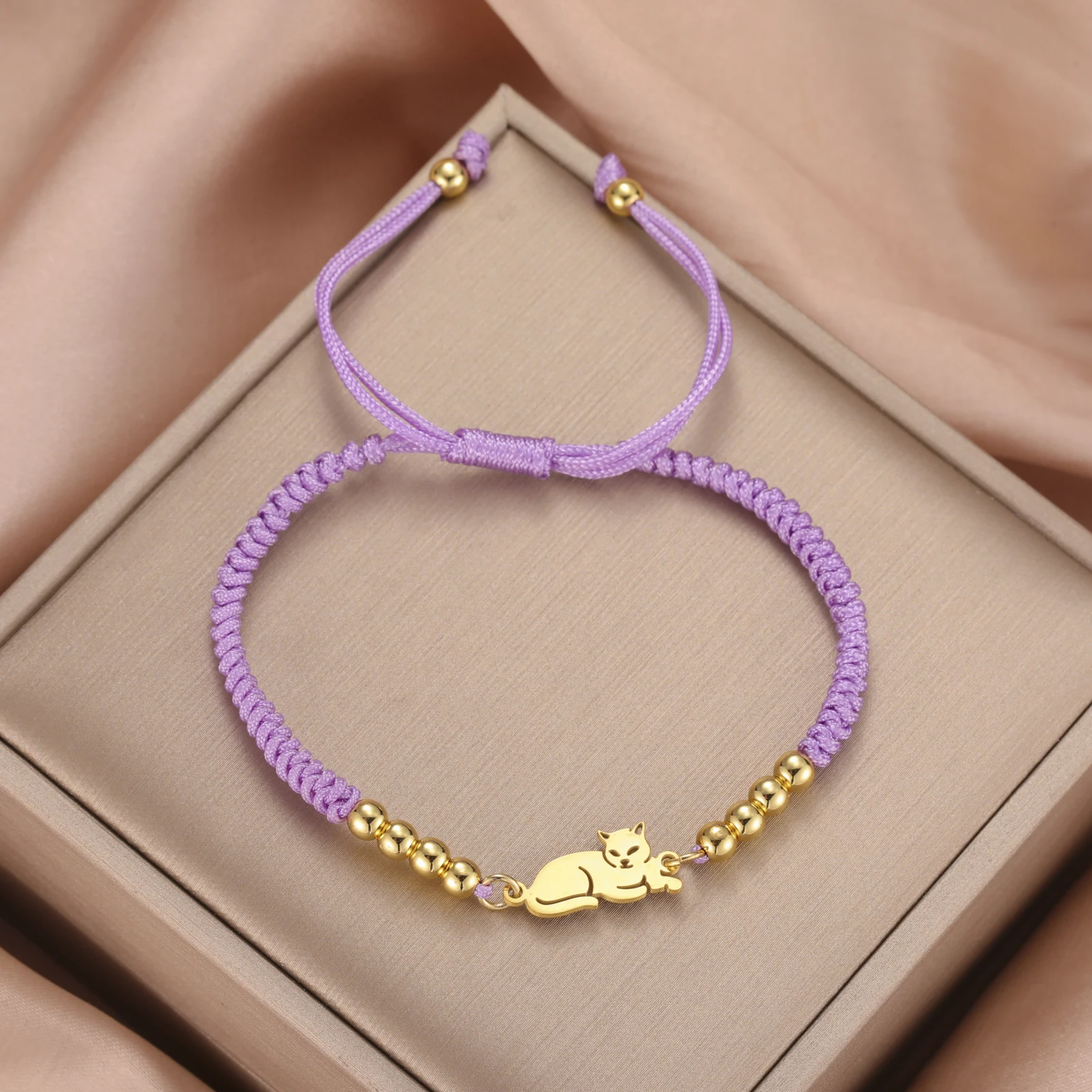 Stainless Steel Gold Color Cat Charm Bracelet for Girls' Braided Rope Bracelets - PeticaDeals
