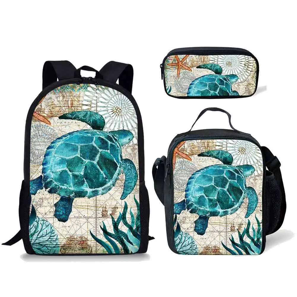 Popular Novelty Trendy Turtle Pattern 3pcs/Set Backpack 3D Print Student Bookbag Travel Laptop Daypack Lunch Bags Pencil Case