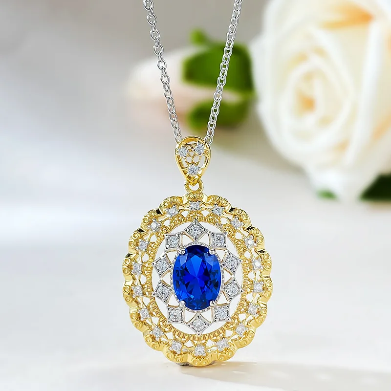 

2023 New Italian Craft Palace Style 6 * 8 Simulated Sapphire Necklace Pendant for Women