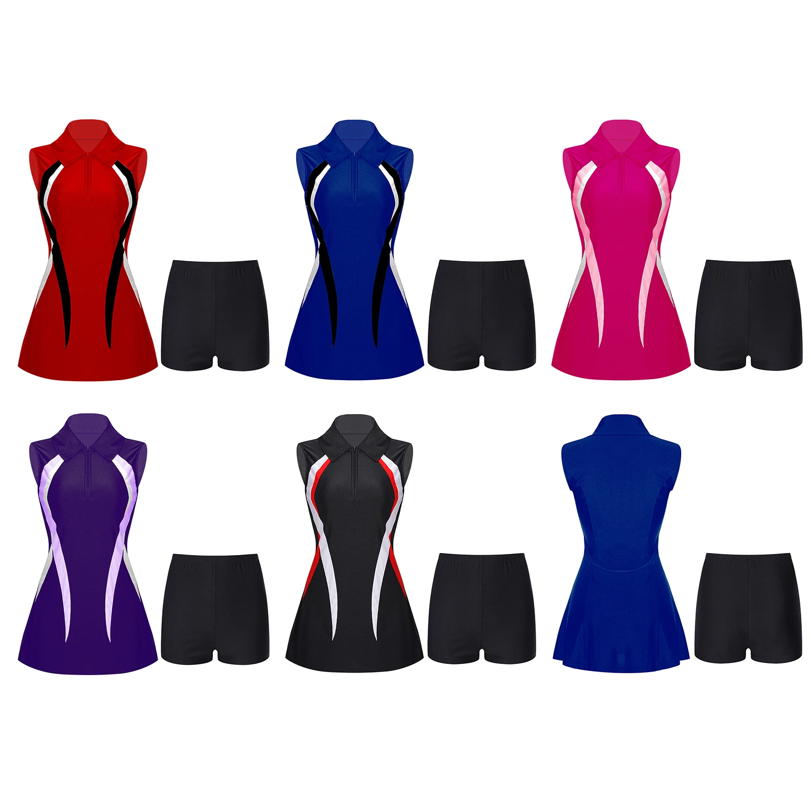 Womens Tennis Dresss Badminton Golf Outfit Sports Set Sportswear Outdoor Activities Sleeveless Zipper Athletic Dress with Shorts