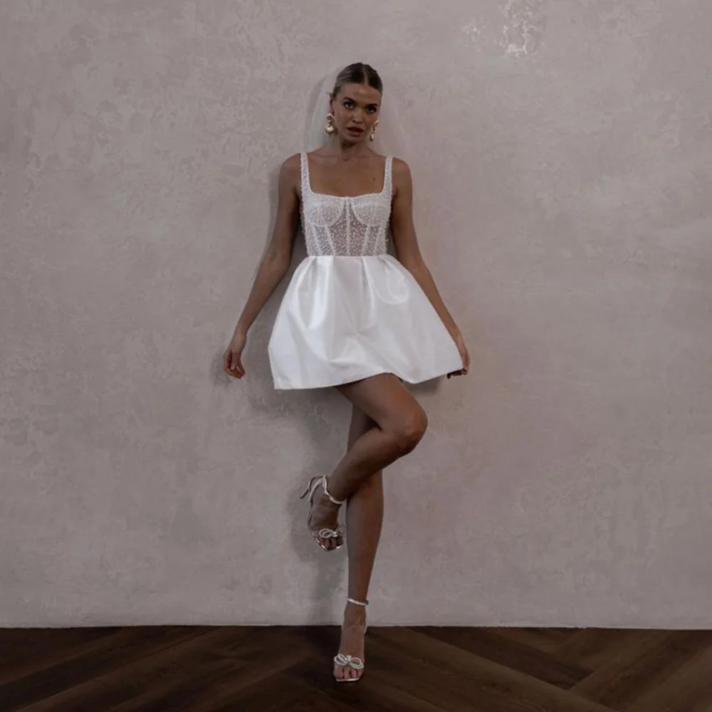 Spaghetti Straps Beading Wedding Party Dress with Pockets Sleeveless Short Wedding Gowns Backless Mini Bridal Gown wedding dresses