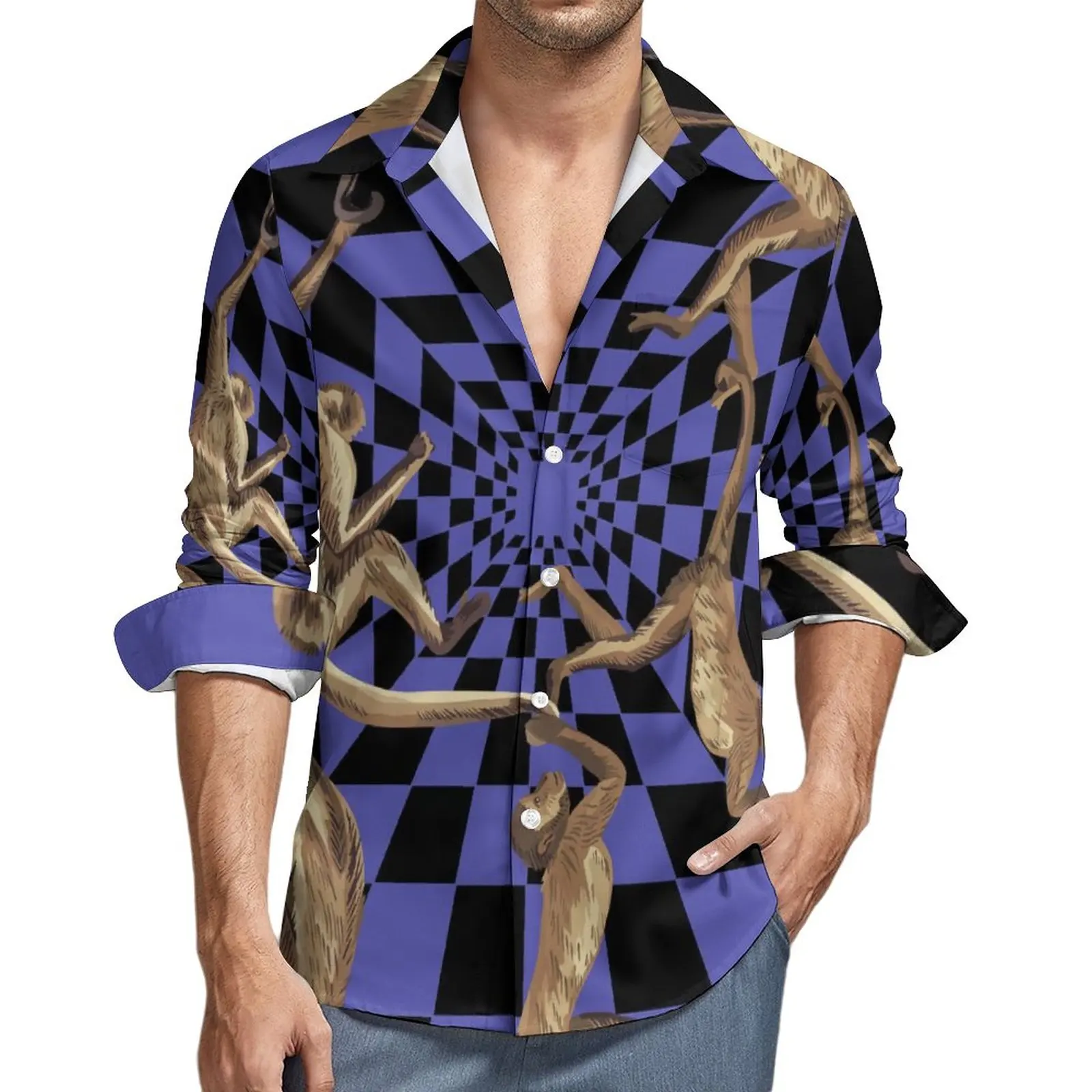 

Рубашка с принтом обезьяны, Осенние повседневные рубашки с геометрическим рисунком, мужские крутые блузки с длинным рукавом, индивидуальная уличная одежда размера плюс
