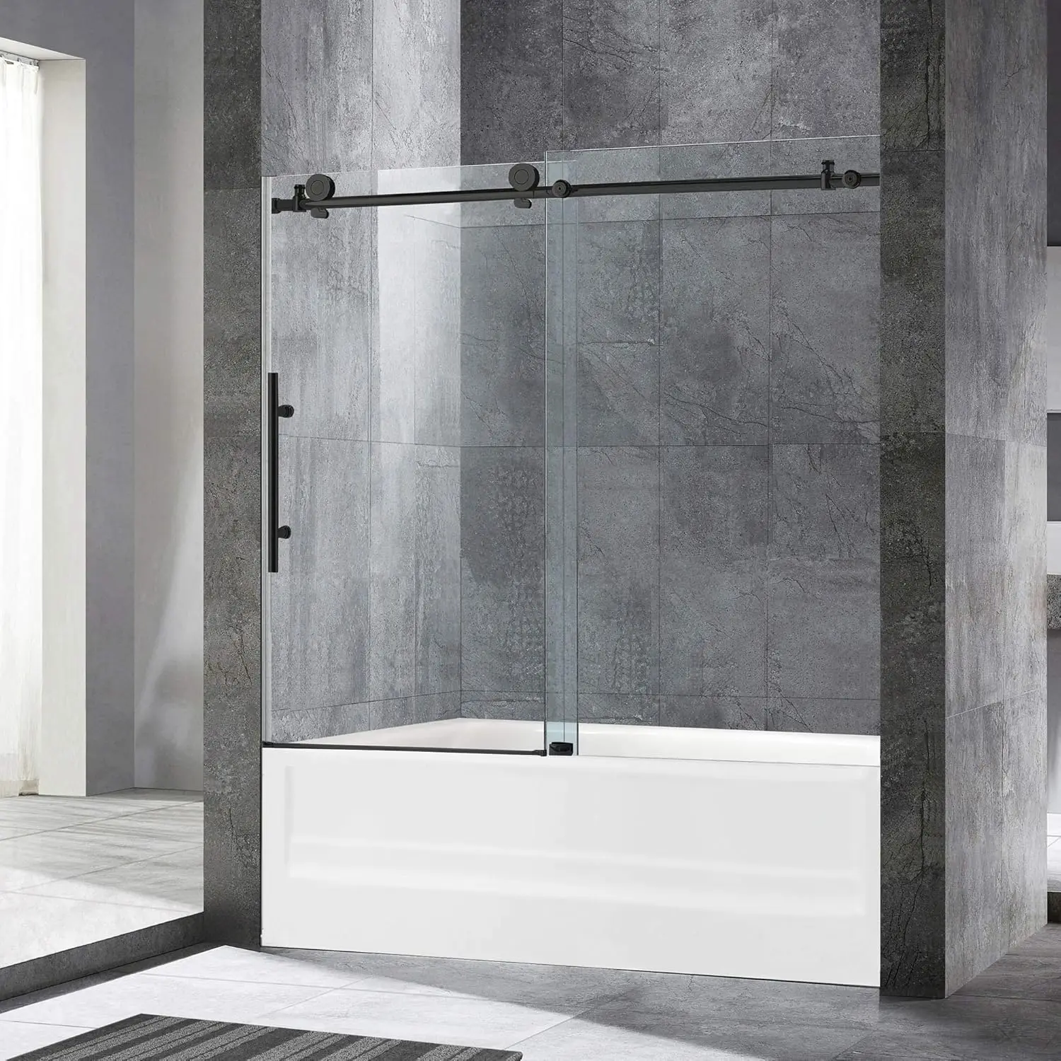 Frameless Bathtub Shower Doors Clear Tempered Glass in Matte Black Finish High quality stainless steel hardware ensure a sleek