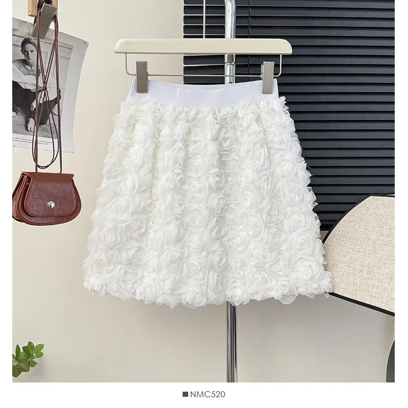 Solid Color Three-dimensional Rose Blossoms Short Skirts Women 2025 Sweet High Waist Elegant Skirt