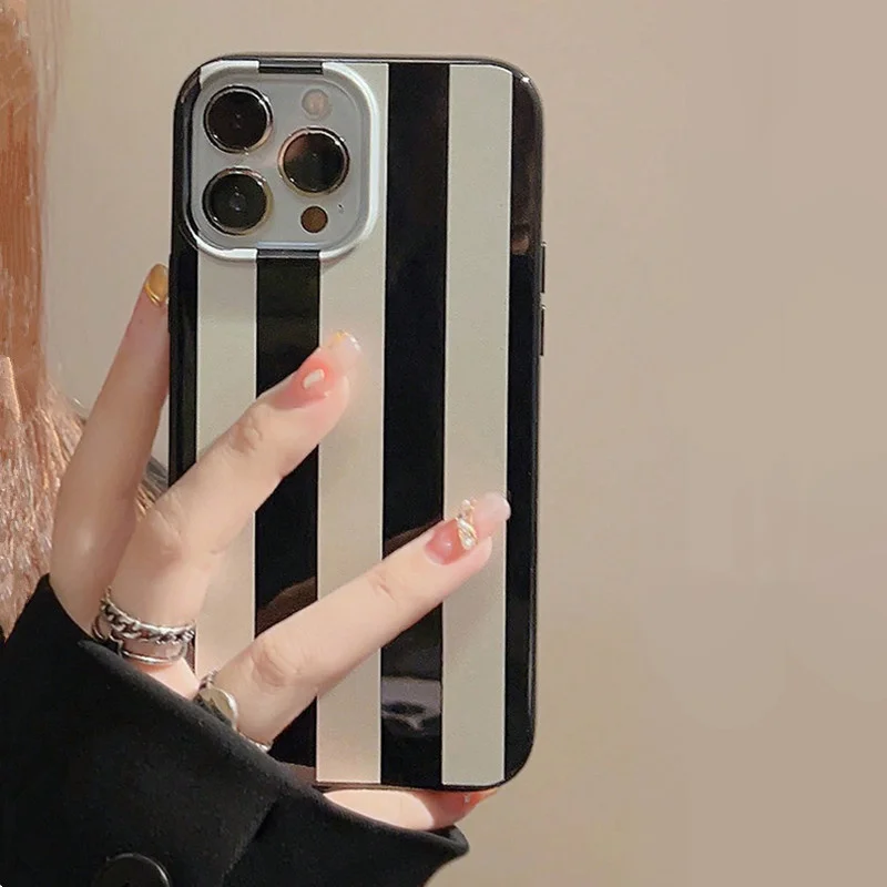 Coque de téléphone en Silicone à rayures noires brillantes, étui souple antichoc pour iPhone 16 16E Pro Max XR XS Max SE2 7 8 Plus