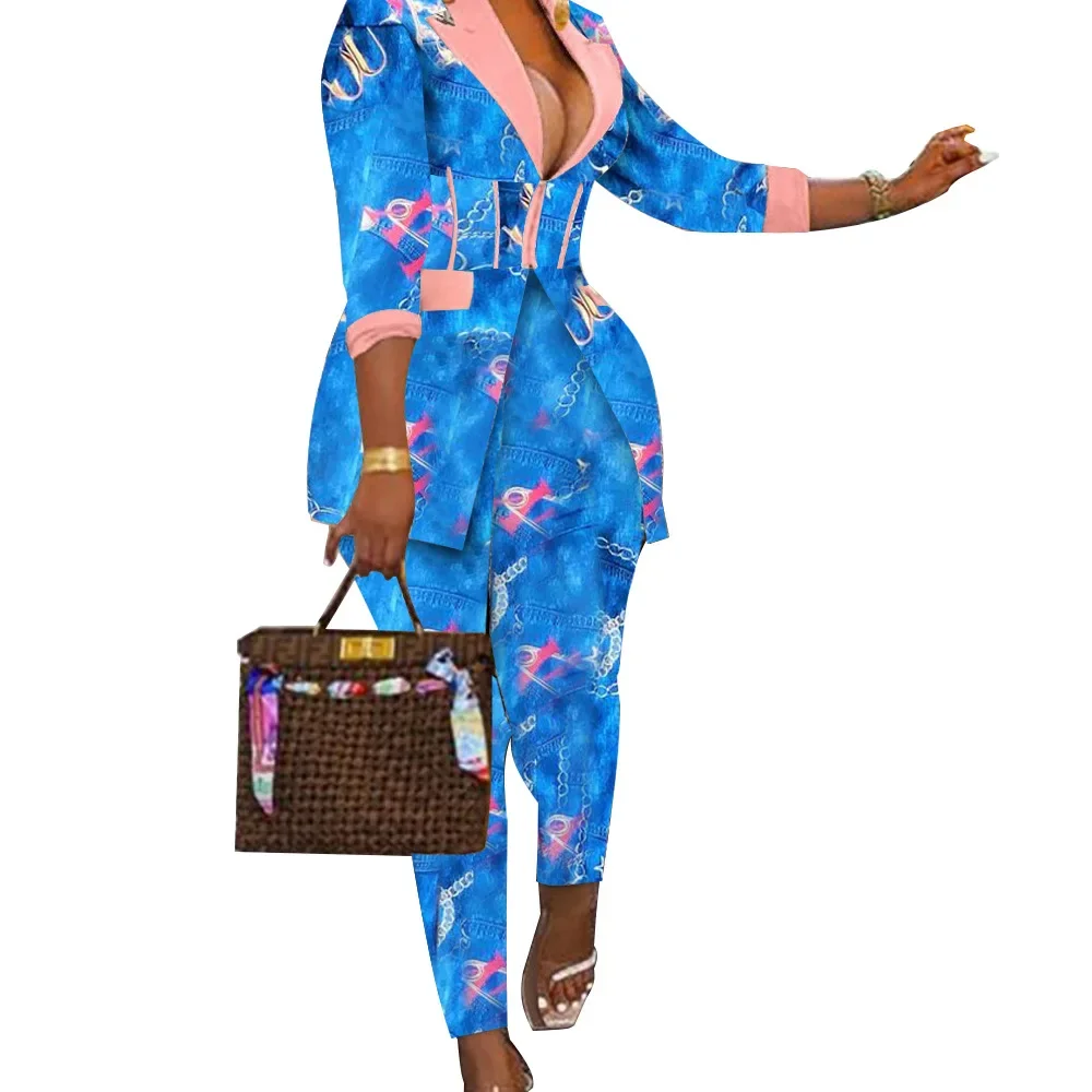 Blazer Women and Pants Two Piece Set 2023 Autumn Winter Fashion Versatile Print Long Sleeves Coats Trousers Female Streetwear