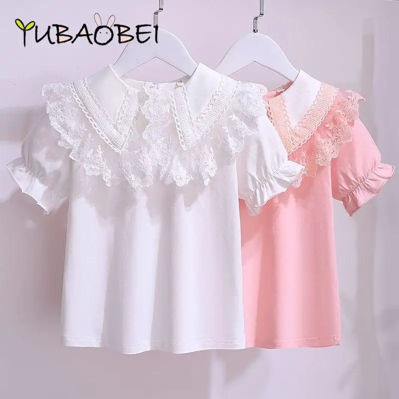 White Girls Short Sleeve T-Shirt Summer New Cotton Teen Kids Lace Lapel Blouse Cheildren School Clothes Tops 3-12 Y