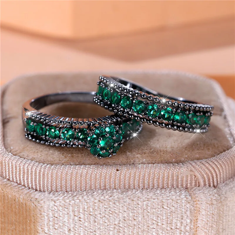 Luxury Female Green Round Ring Set Trendy Black Gold Color Engagement Bride Wedding Jewelry Gift For Women