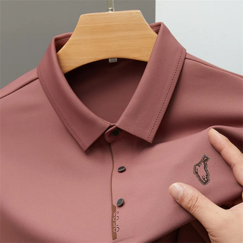 

High End Brand Men's Ice Silk Comfortable Polo Shirt Long Sleeve Spring Korea Fashion Embroidery Casual T-Shirt Men's Clothing