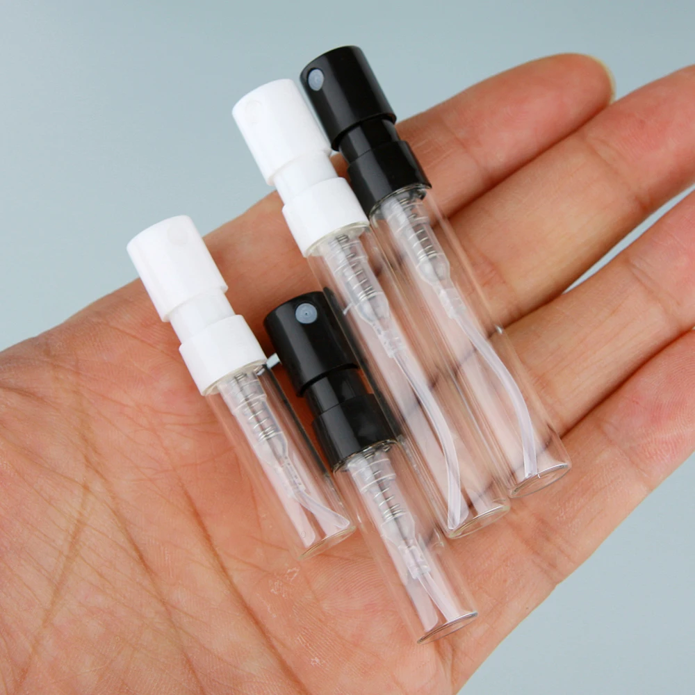 100 개/몫 1ml 2ml 미니 총검 유리 병 향수 샘플 테스터 병 향수 스프레이 병 인쇄 로고 추가 지불