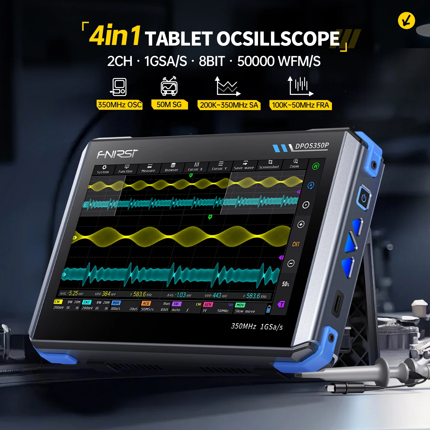 FNIRSI DPOS350P Frequency Response Analyzer Four In One Flat Oscilloscope 2-Channel 350MHz Signal Generator 50MHz Spectrum digital oscilloscope signal generator