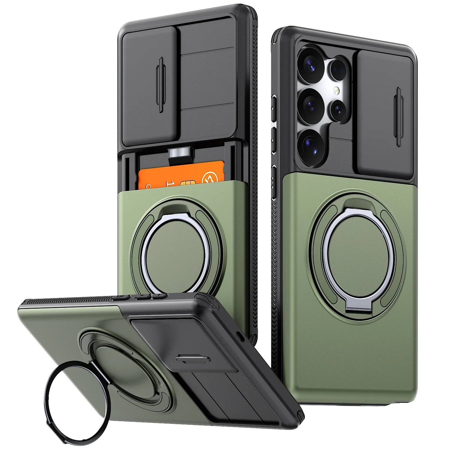 Enhanced Armor Cover with Slide Lens Protector and Card Ring Holder