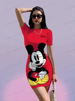 Women's Short Sleeve Hip Dress Kawaii Disney Mickey Mouse S-3XL Summer O Neck 2026 Sexy Dresses Y2k Fashion New Elegant Ladies 1