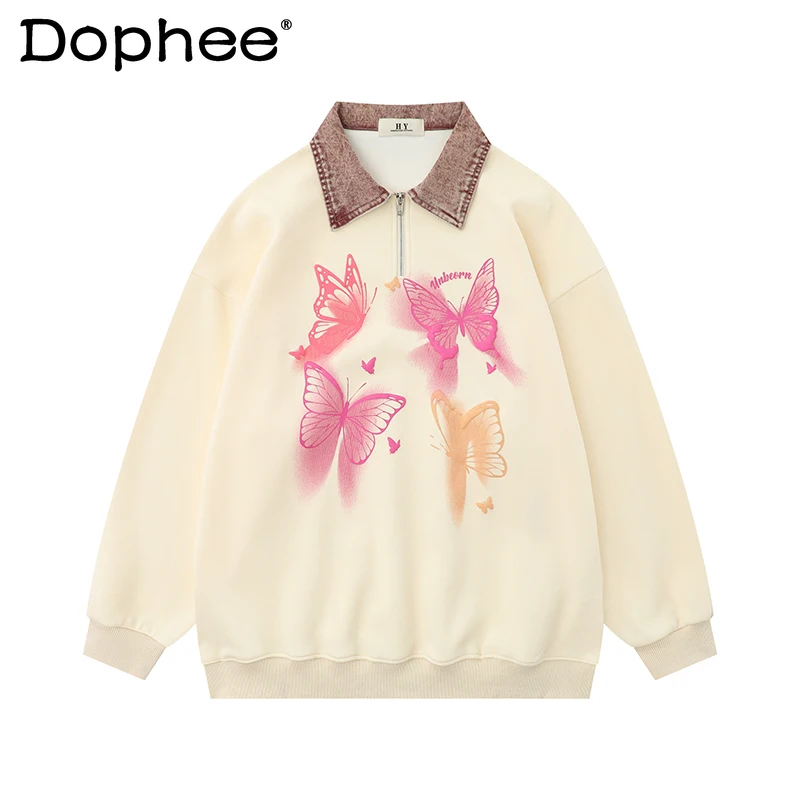 

Japanese Cute Butterfly Graffiti Polo Collar Sweatshirt Men And Women Streetwear Loose Lovers Oversize Coat Top Pullover Hoodies