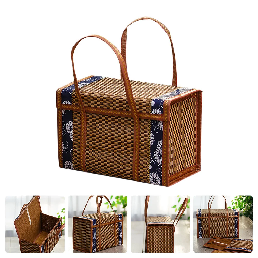 

Wood Picnic Basket Double Folding Handles Natural Hand Woven Foldable Wicker Outdoor Camping Birthday Valentine Day Brown