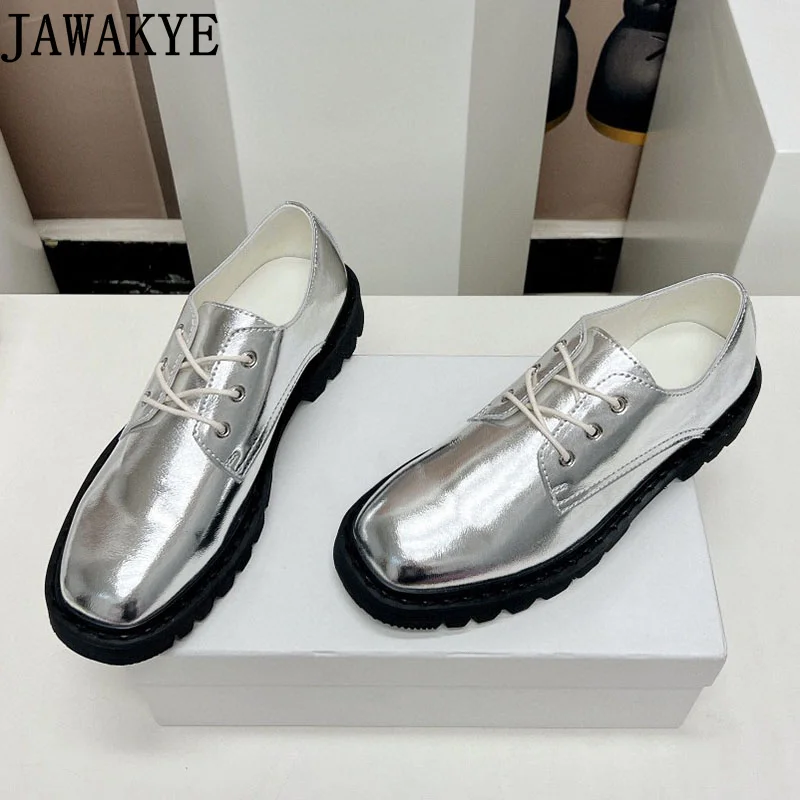 

British Designer Ladies Oxfords Flat Platform Mirror Leather Silver Black Casual Formal Career Shoes Preppy Style Girls Shoes