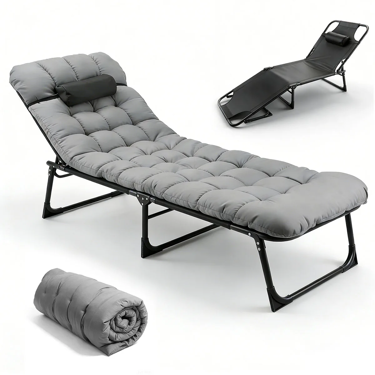 Adjustable Folding Camping Lounge Chair with Removable Soft Cushion, 3 Position