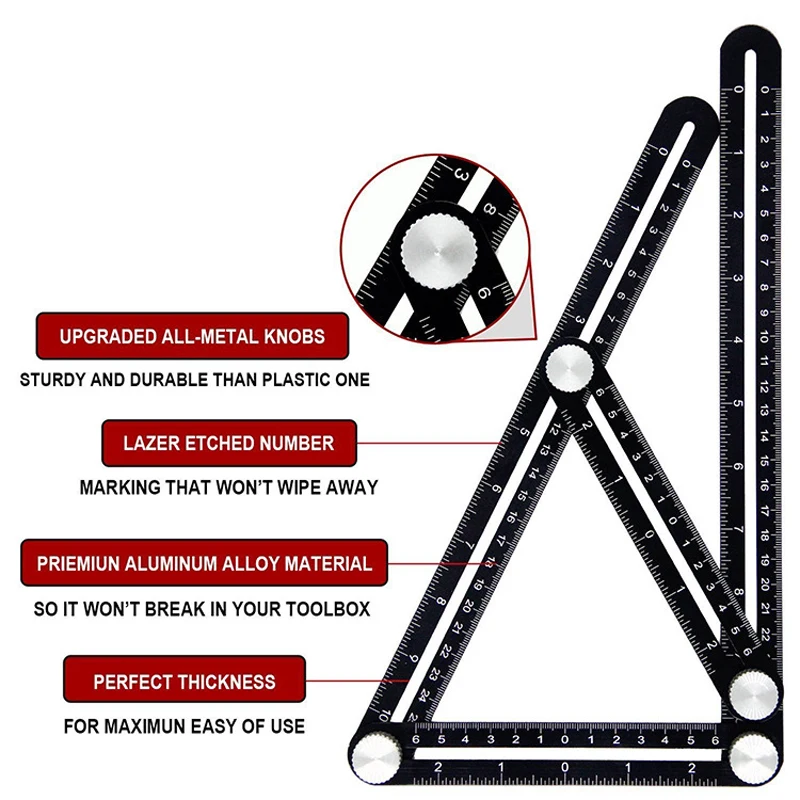 TopHGC Règle de mesure multi-angle règle pliante 6 en 1 Outil de mesure en alliage daluminium de règle en acier pour ajustement dangle avec trou de repère de perforation 