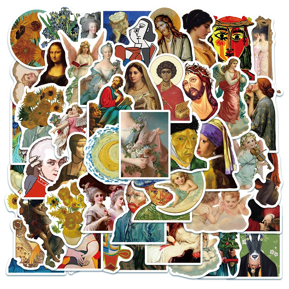 

50pcs Oil Painting Art Work Artist Van Gogh Mona Lisa Stickers DIY Motorcycle Luggage Guitar Fridge Laptop Graffiti Sticker