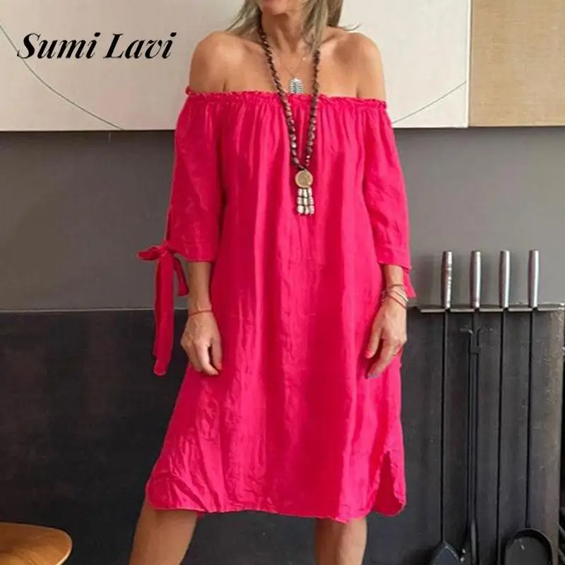 

Women Fashion Cotton Linen Midi Dress 2024 Elegant Slash Neck Long Sleeve Bow Tie-up Dress Sexy Elastic Off Shoulder Party Dress