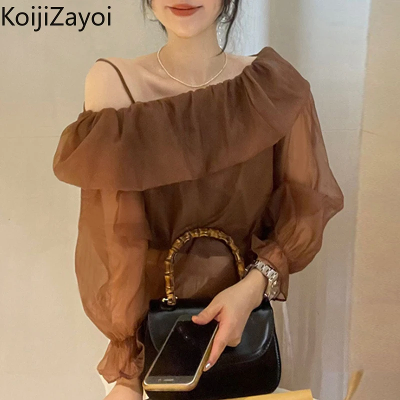 

Koijizayoi Vintage Women Solid Blouse Long Sleeves Slash Neck Shirt Off Shoulder 2022 Korean Blusas Thin Slim Tops Dropship