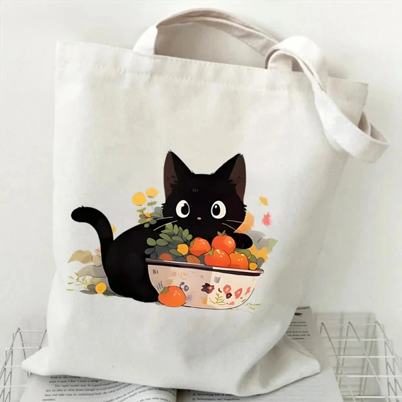 Life Is Better with Cats & Books Canvas Tote Bag Women Cute Cat Shopping Bags Student Literary Book Shoulder Bag Cartoon Handbag 2
