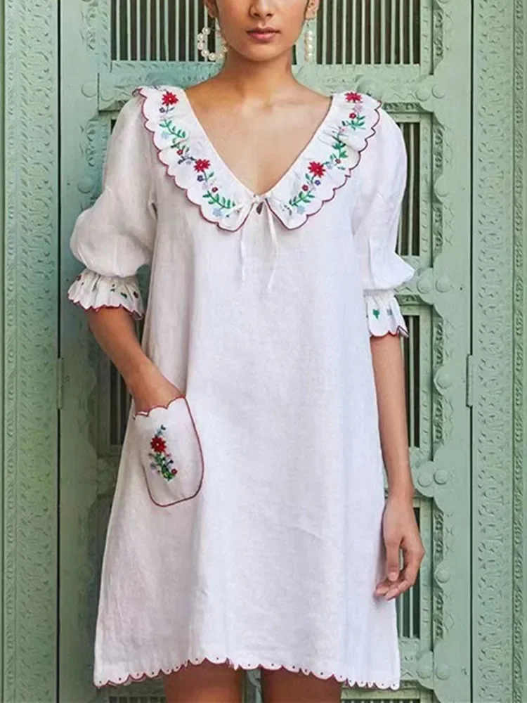 

Mini Dress for Ladies 2024 New Summer Floral Embroidery Peter Pan Collar Lace-Up Slim Prairie Style Puff Sleeve Short Robes