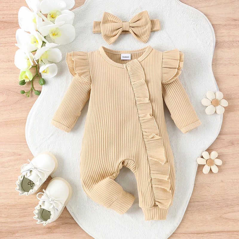 

Newborn Infant Baby Girl Clothes Ruffle Long Sleeve Romper Solid Knit Ribbed Bodysuit Jumpsuit Coming Home Outfit