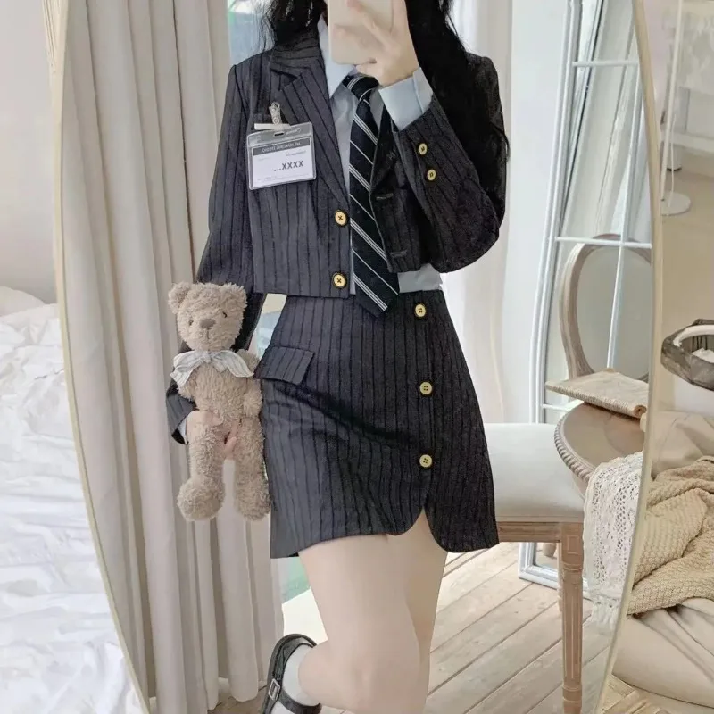 

UNXX Spring Preppy Style Fashion Suit Black Blazers Cardigan + Casual Short Shirt + Slim Mini Skirt Uniform Korean 3 Piece Sets