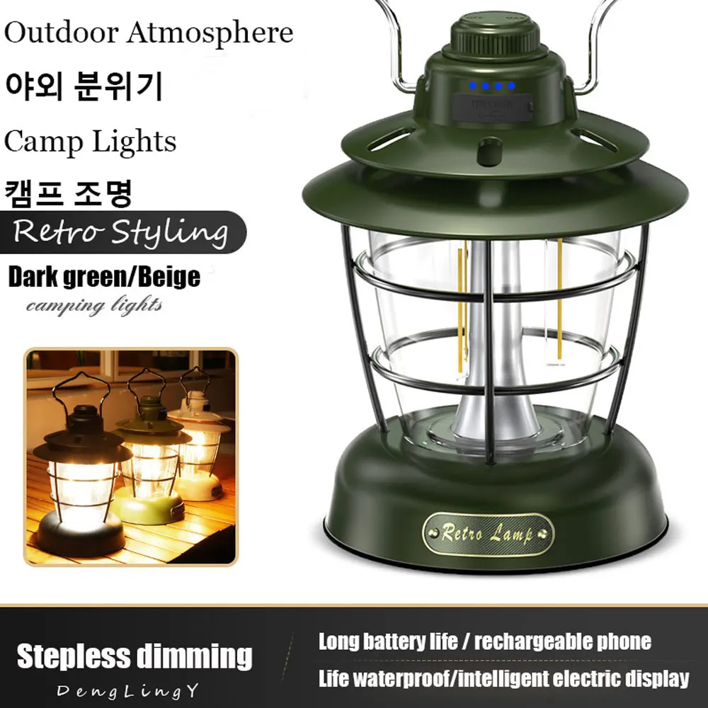 LED Camping Lamp Retro Hanging Tent Lamp Waterproof Dimmable Camping Lights  4500mAh Battery Emergency Light Lantern for Outdoor