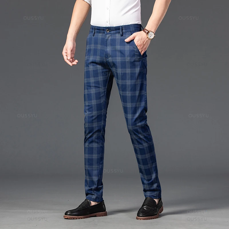 Brand Men's Stripe Plaid Casual Pants Men Four Seasons Business Trousers Men's Slim Dark gray Straight Pant men trousers