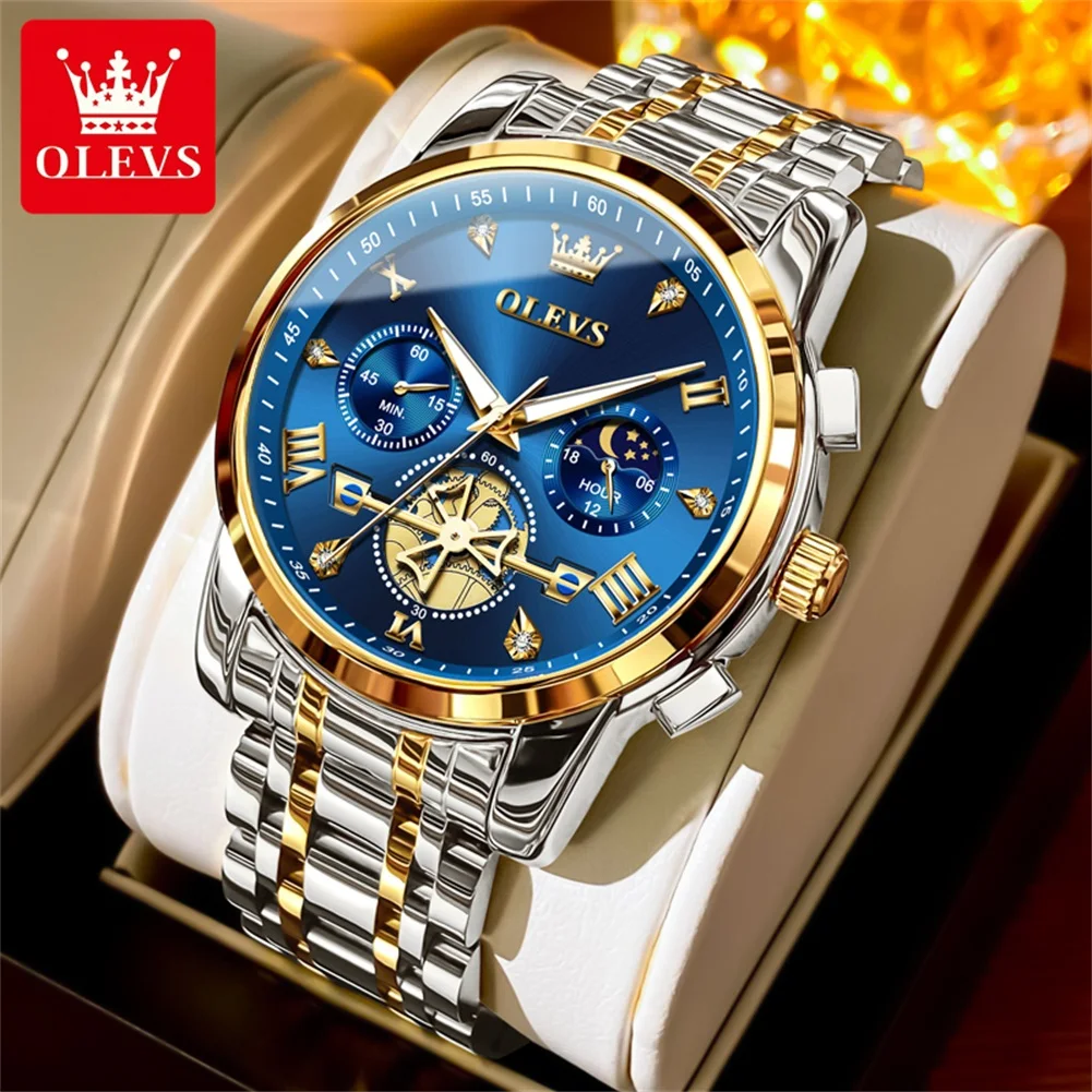 OLEVS Men's Moon Phase Quartz Watch - 30m Waterproof, Luminous Stainless Steel Wristwatch with Genuine Fashion Design, Box Set