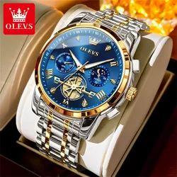 OLEVS Men's Moon Phase Quartz Watch - 30m Waterproof, Luminous Stainless Steel Wristwatch with Genuine Fashion Design, Box Set (Gold blue)