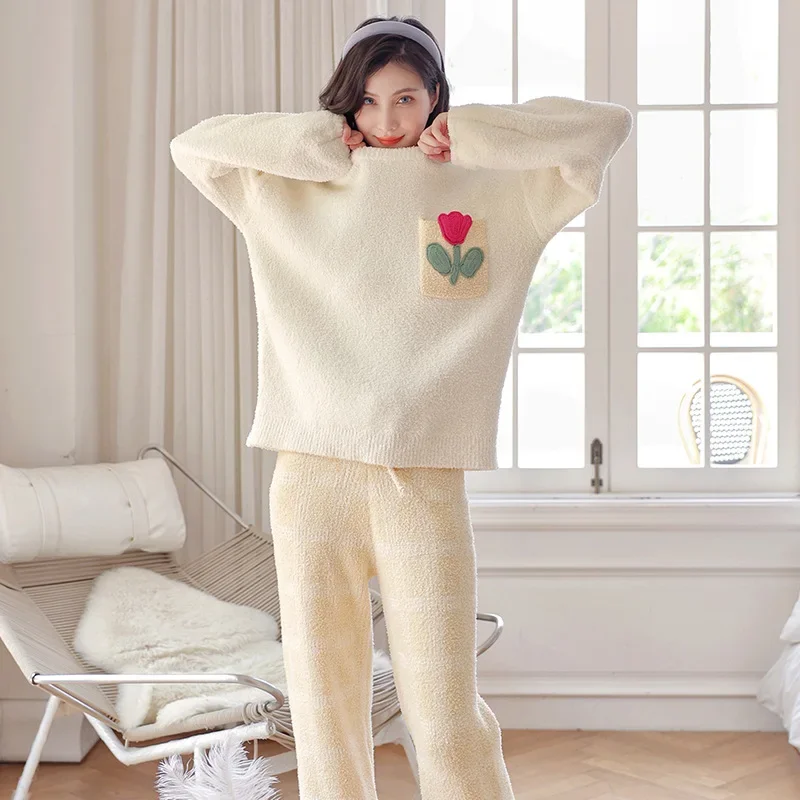 Women's Pajamas Set of Fall and Winter Soft Half-fleece Homewear Long-sleeved Thickened Leisure Elegant Simple Sweater Sleepwear
