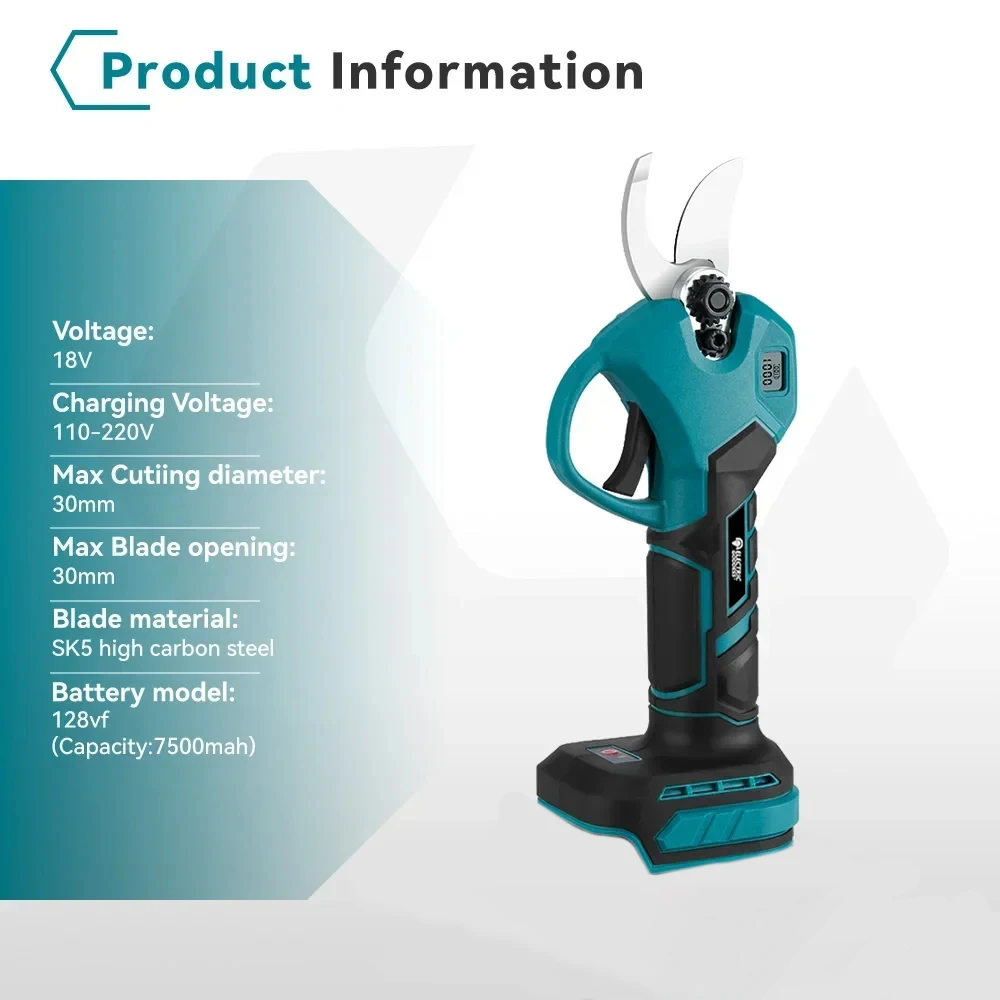 브러시리스 전기 가지 치기 가위, LED 디스플레이, 무선 과수원 관목 가지 전기 가위, Makita 18V 배터리용, 30mm