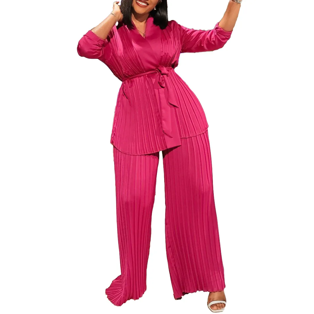 

3XL African Fashion Temperament Suit Solid Color Pressed Pleated Loose Long Sleeve Lace Up Shirt And Trousers Two Piece Set