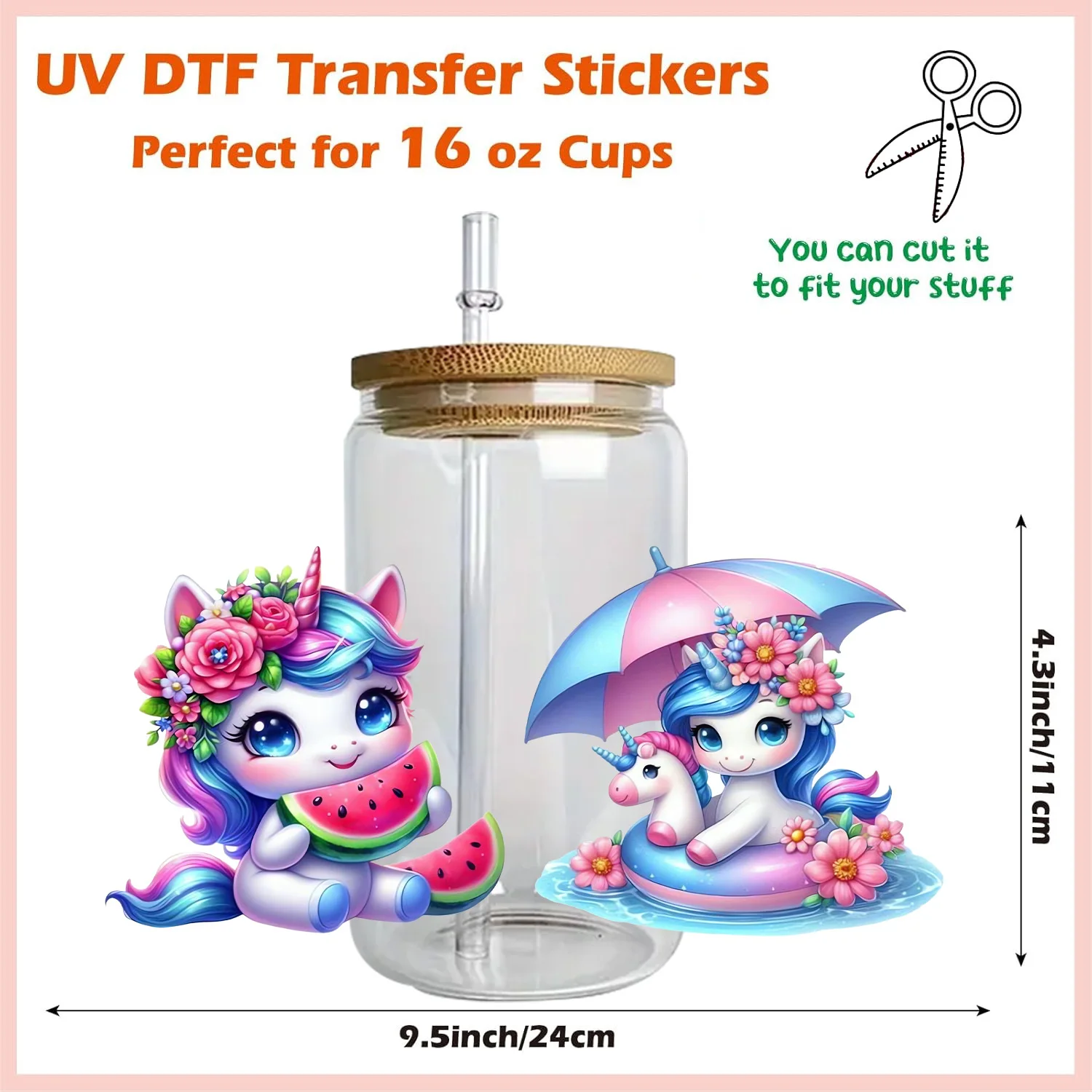 Colorful Unicorn Series easy peel waterproof DIY Decals Retro Beauty 3D transfers uvdtf crystal sticker 16oz uv dtf cup wraps