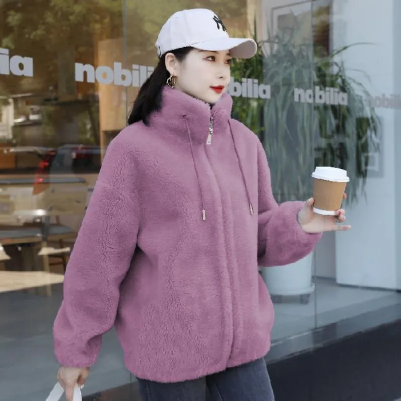 Winter Clothes Women Jacket Coat Plush Standing Neck Sweater with Cardigan Zipper Fleece Jacket