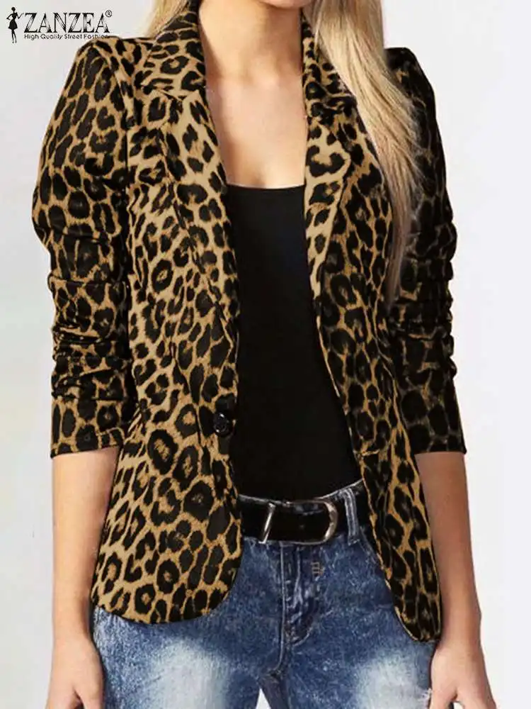 Leopard Print Polyester Blazer for Women Office Wear