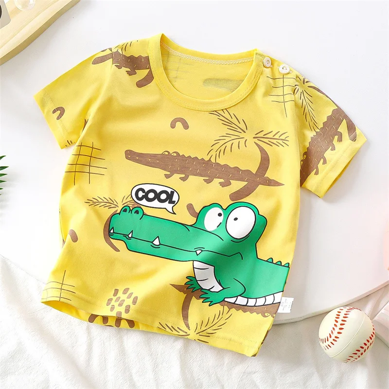 Summer Short Sleeve Soft Cotton T-Shirt Kids Baby Boys Cartoon Dinosaur Dog Crocodile Print Tracksuit Casual Clothes 1-4 Years