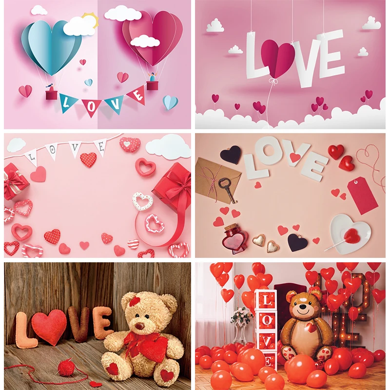 

Love Backdrop for Photography Pink Valentines Day Birthday Decoration Banner Wedding Party Red Heart Teddy Bear Photo Background