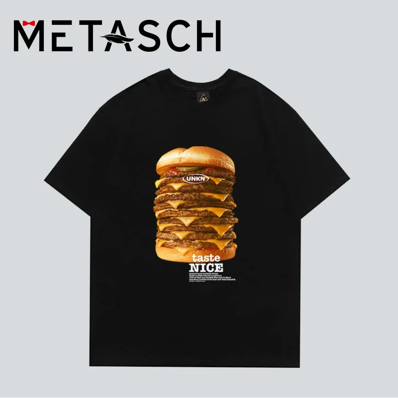 

METASCH Printed Hamburger Cotton Short Sleeve T-shirt Summer Trendy Men & Women Loose Round Neck Top Tee Fashion