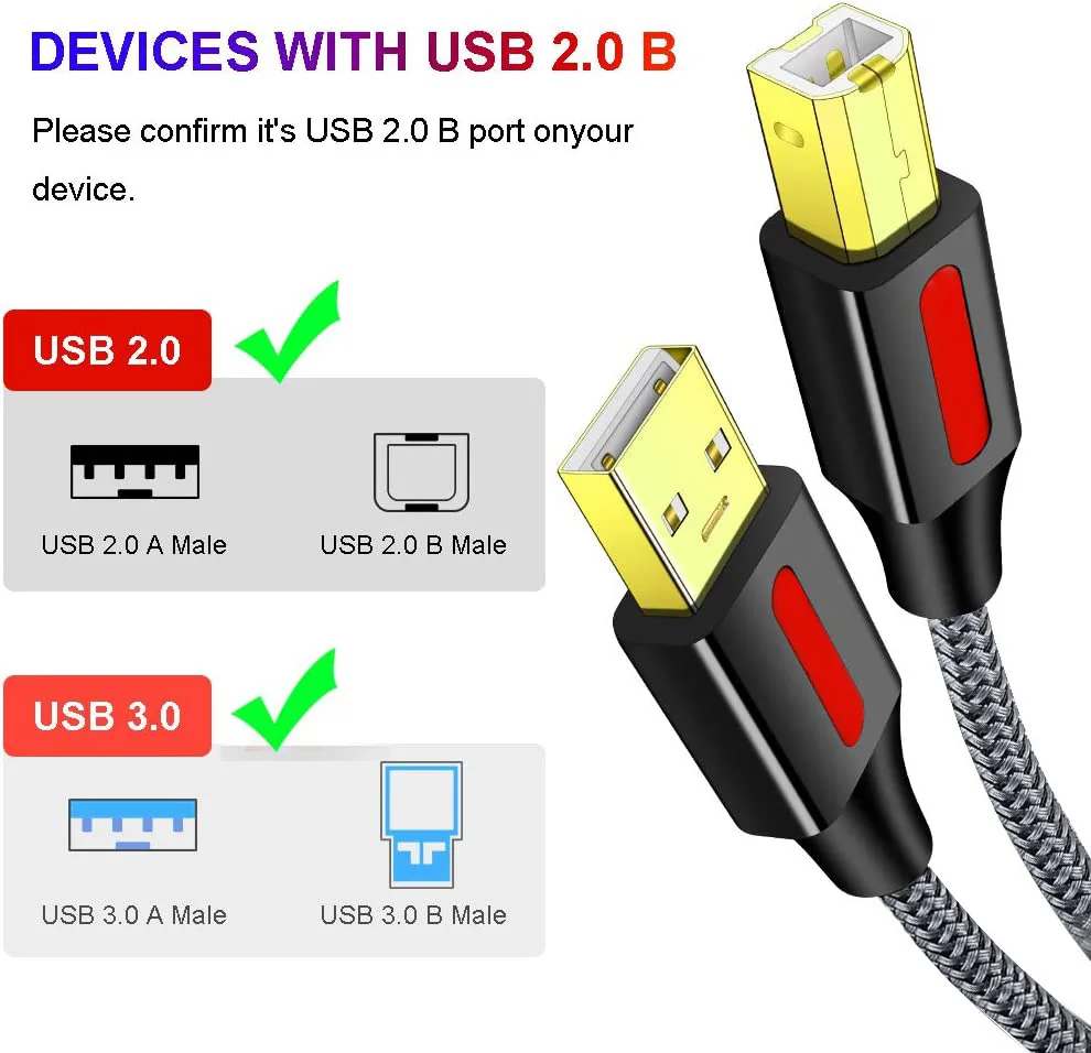 1/2/3/5/8/10m USB 프린터 코드 2.0 유형 A 남성-B 남성 케이블 스캐너 코드 HP,Canon,Dell,Epson,More와 호환되는 고속