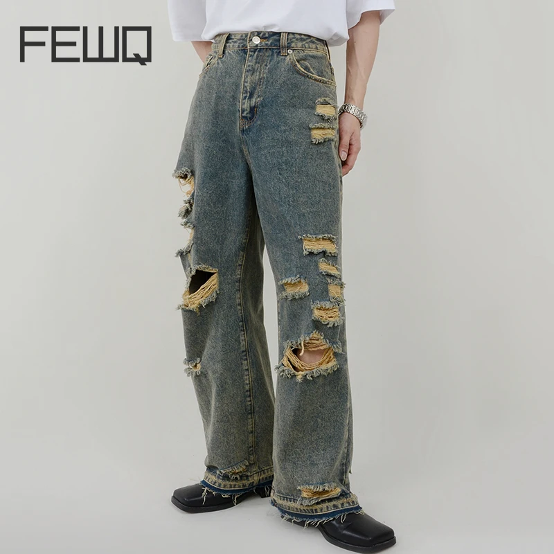 

Джинсы FEWQ мужские состаренные, свободные штаны, винтажные брюки с дырками и широкими штанинами, корейская мода, 24X1492, осень 2023