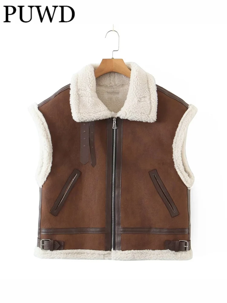 

PUWD Casual Women Brown Lapel Zipper Industry Suede Lamb Coat 2022 Winter Fashion Ladies Casual Female Sleeveless Vest