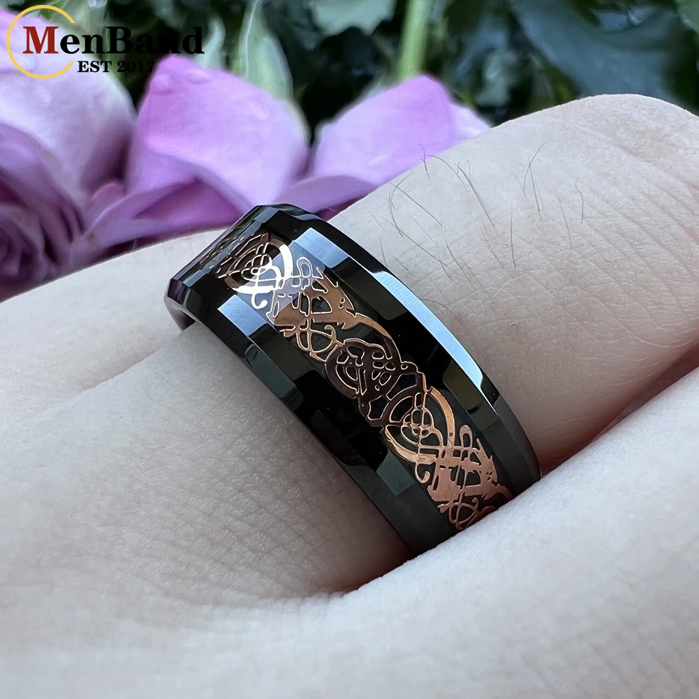 MenBand Fashion 8MM Men Women Tungsten Carbide Wedding Ring with Black Carbon Fiber and Rose Dragon Inlay for Comfortable Fit