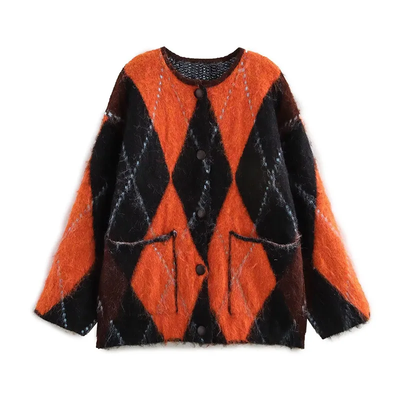 Mohair O-neck Contrast Color Knit Sweater Women Geometry Print Long Sleeve Loose Single-breasted Knitwear Lady All-match Top _
