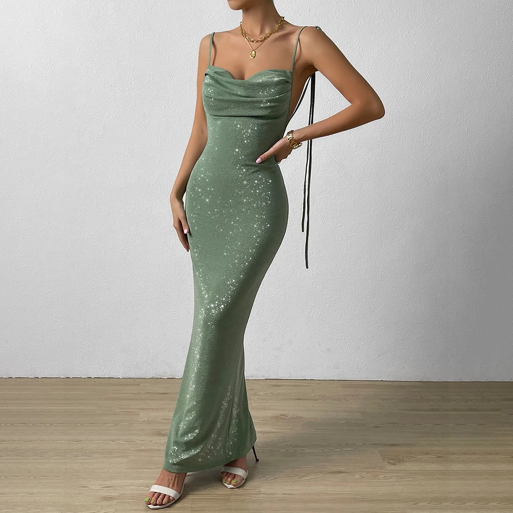 

Spaghetti Straps Knot Shoulder Sexy Special Dress Cowl Neck Backless Mermaid Hem Backless Bodycon Formal Evening Prom Dress